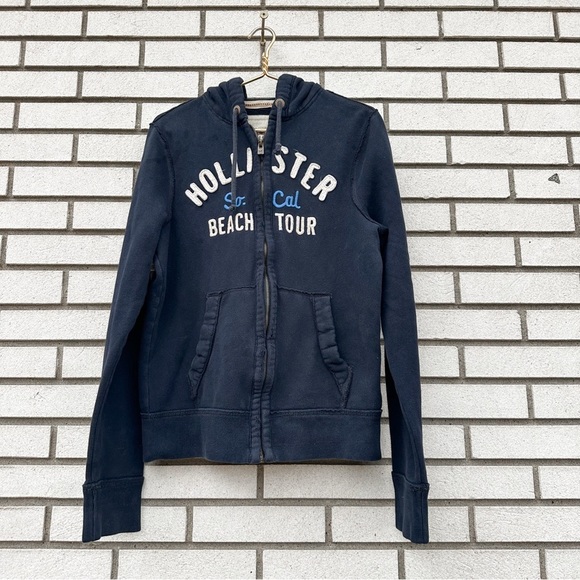 Vintage Y2K Hollister Men’s Navy Blue Logo Hooded Sweatshirt Full Zip Beach Tour - Picture 1 of 9
